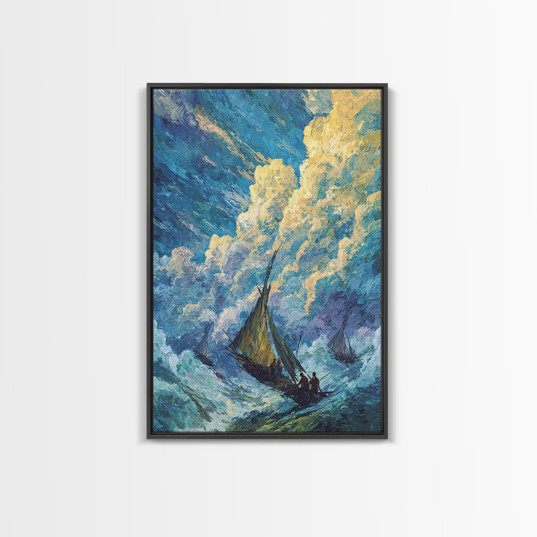 Stormy Sailboat Seascape Framed Canvas Print, Beach Art, Blue Ocean Wall Decor, Coastal Painting, Dramatic Living Room Art