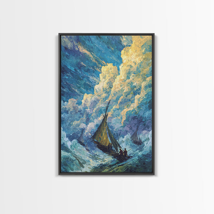Stormy Sailboat Seascape Framed Canvas Print, Beach Art, Blue Ocean Wall Decor, Coastal Painting, Dramatic Living Room Art