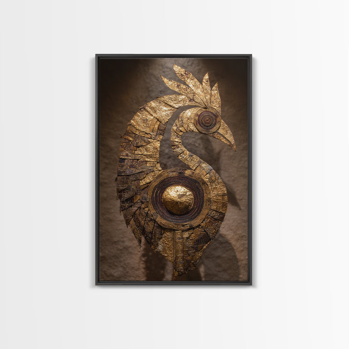 Golden Tribal Bird Sculpture Wall Art, African Inspired Decor, Black And Gold Art, Textured Art Print, Unique Home Decor Gift