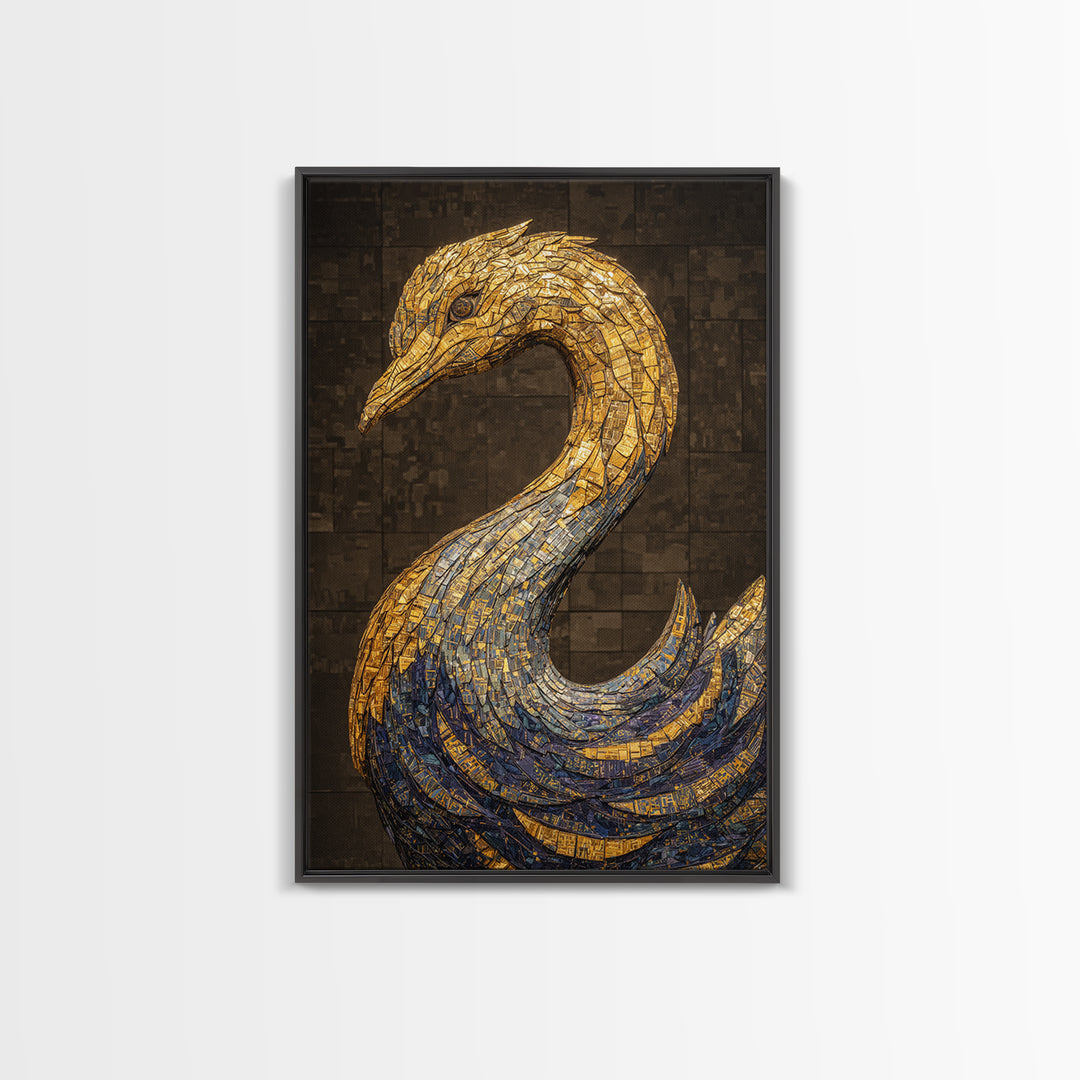 Blue Gold Mosaic Swan Framed Canvas Print, Black And Gold Art, Elegant Wall Decor, Contemporary Canvas, Statement Home Decor
