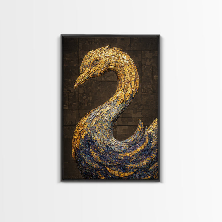 Blue Gold Mosaic Swan Framed Canvas Print, Black And Gold Art, Elegant Wall Decor, Contemporary Canvas, Statement Home Decor