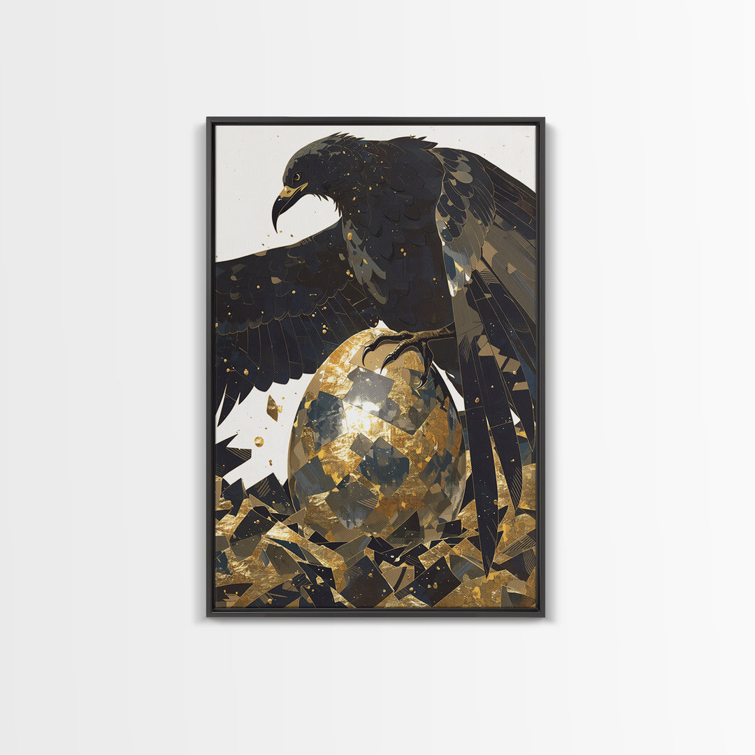Black Eagle Golden Egg Canvas Print, Black And Gold Art, Animal Wall Decor, Bold Bird Artwork, Contemporary Living Room Art