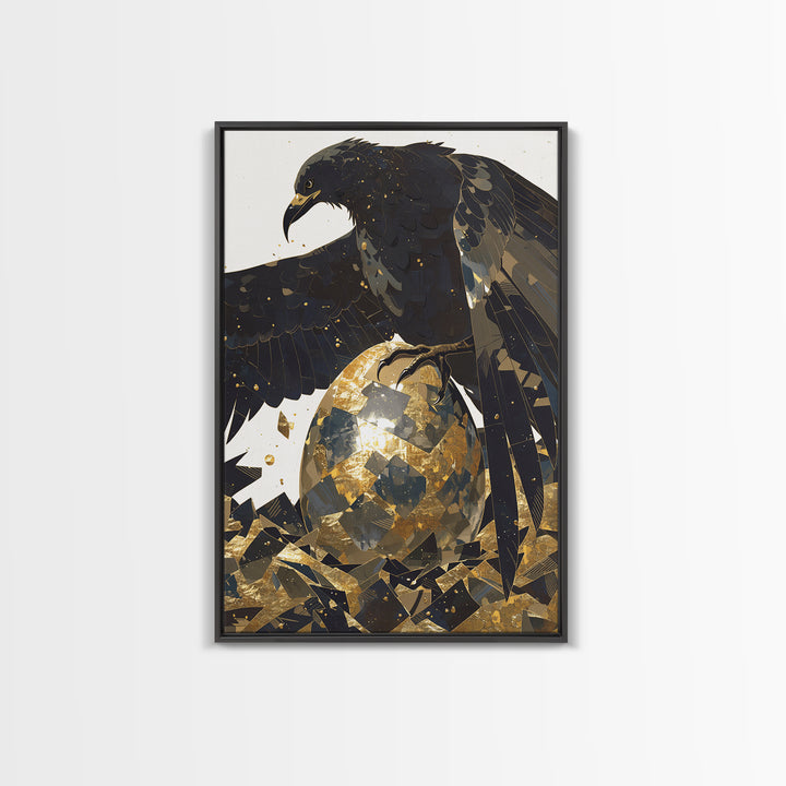 Black Eagle Golden Egg Canvas Print, Black And Gold Art, Animal Wall Decor, Bold Bird Artwork, Contemporary Living Room Art