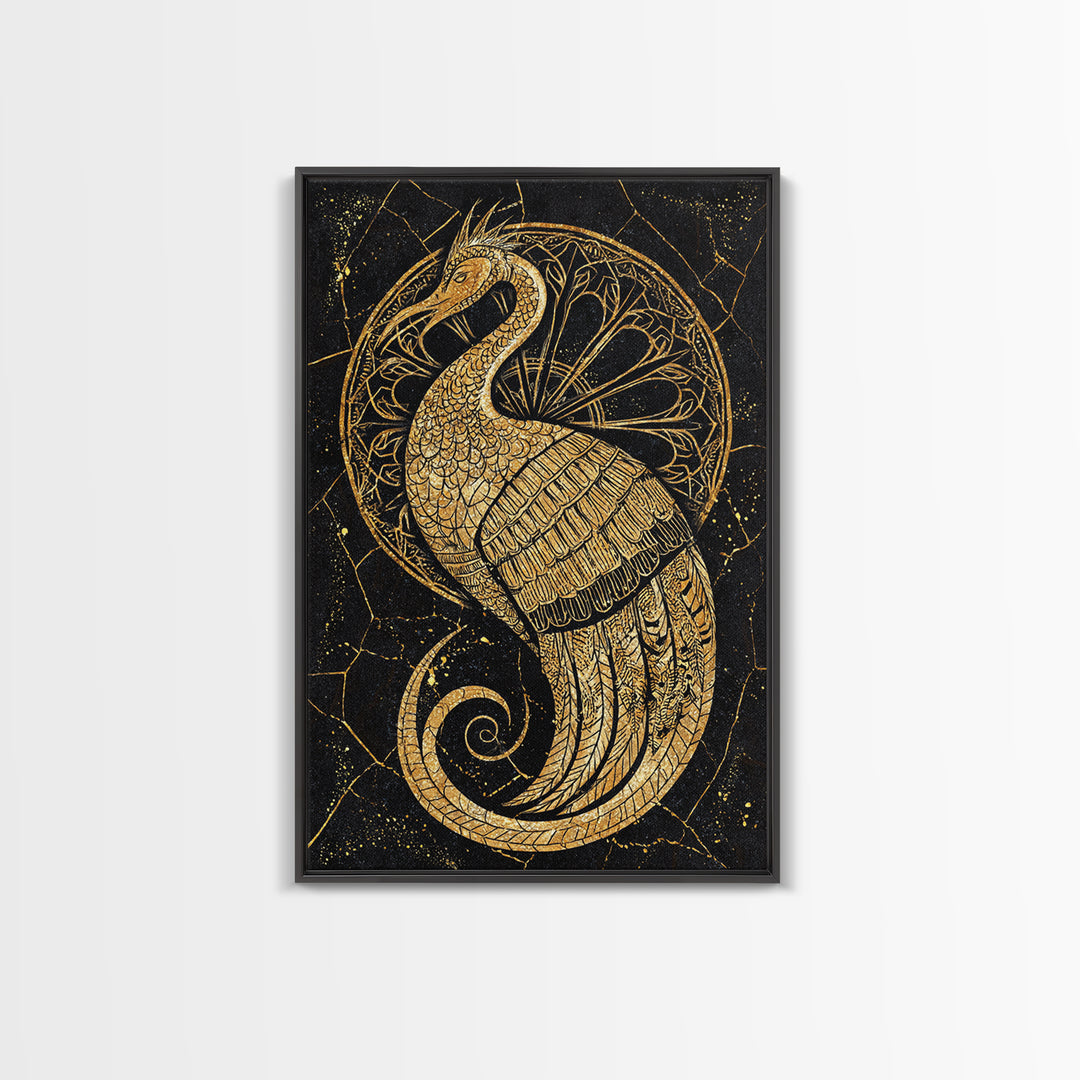 Ornate Golden Peacock Wall Art, Black And Gold Art, African Inspired Wall Decor, Mystical Animal Art, Luxury Canvas Print Gift