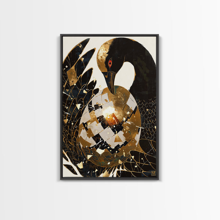 Black Crane With Golden Egg Framed Canvas Print, Black And Gold Art, Modern Bird Wall Decor, Elegant Home Decor, Unique Gift
