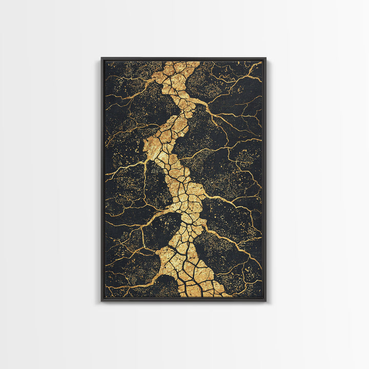 Gold Vein Crackle Abstract Canvas Print, Black And Gold Wall Art, Modern African Inspired Decor, Textured Art Print, Gift