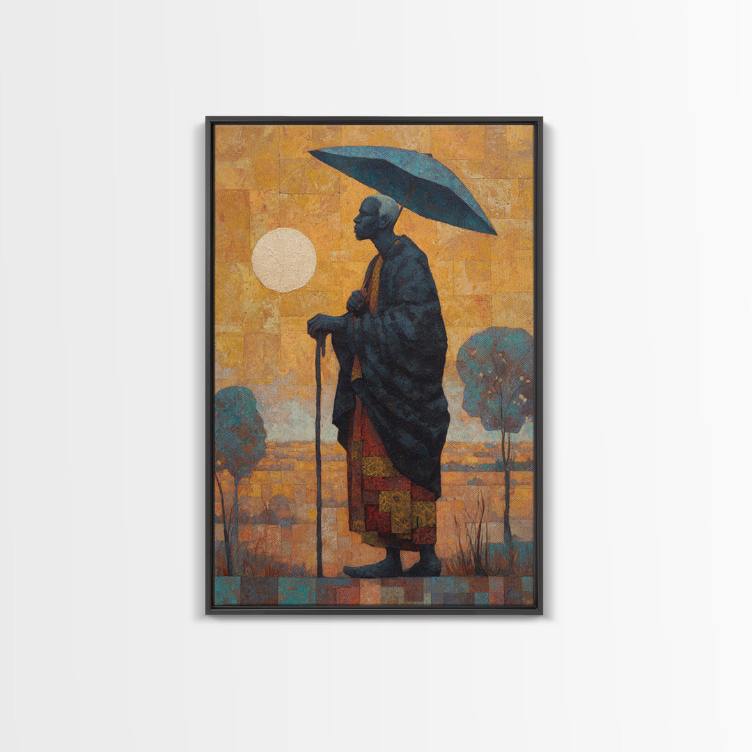Elder With Blue Umbrella Wall Art, African Portrait Canvas Print, Burnt Orange Art, Afrocentric Decor, Meaningful Gift For Him