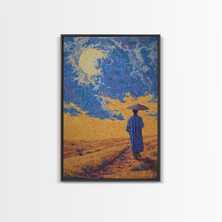 Blue Robed Traveler Under Moon Canvas Print, African Landscape Wall Art, Dreamy Wall Art, Cultural Home Decor, Gift For Him