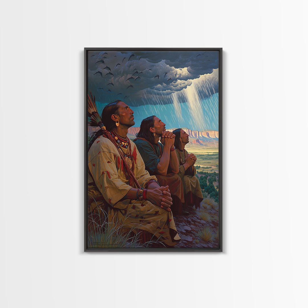 Tribal Elders Praying Under Storm Clouds Wall Art, African Warrior Art Print, Cultural Landscape, Spiritual Home Decor, Gift