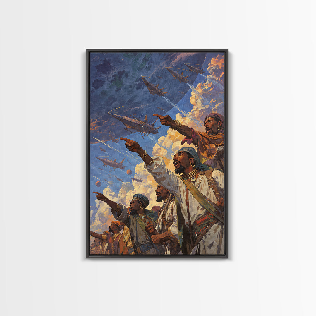 Afrofuturist Warriors Pointing At Sky Ships Wall Art, African Warrior Art, Modern African Art Print, Bold Cultural Decor