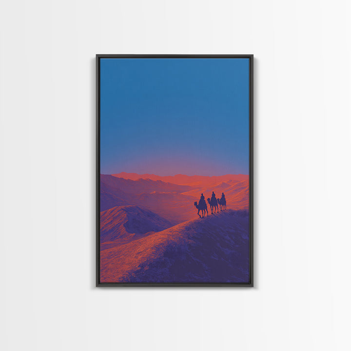 Camel Riders On Blue Desert Ridge Wall Art, African Landscape Print, Modern Safari Art, Sunset Mountain Unique Home Decor Gift