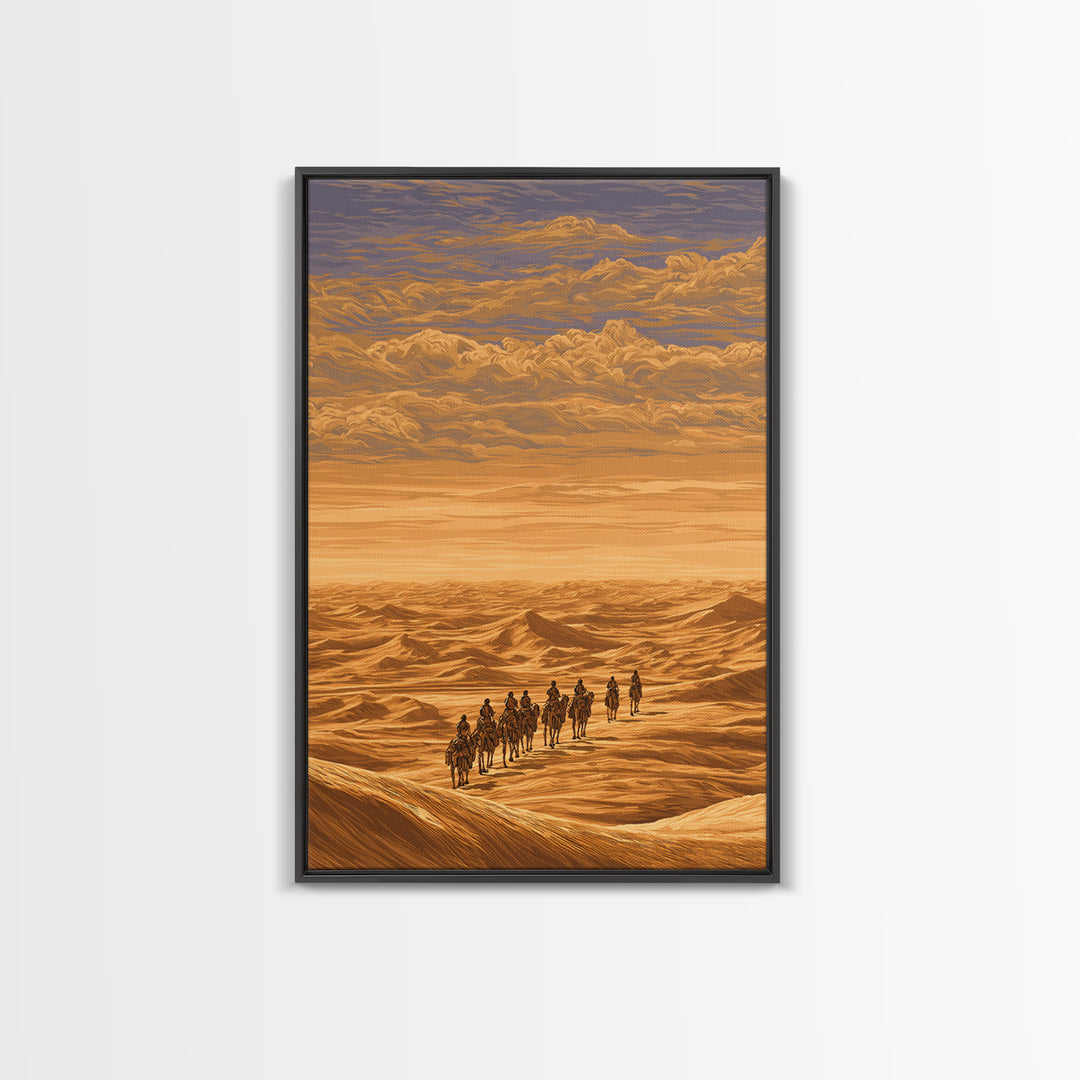 Golden Desert Caravan Across Dunes Canvas Print, African Safari Art, Sahara Landscape, Boho Wall Decor, Living Room Decor