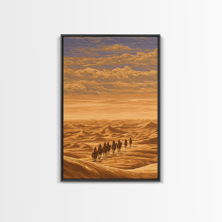 Golden Desert Caravan Across Dunes Canvas Print, African Safari Art, Sahara Landscape, Boho Wall Decor, Living Room Decor
