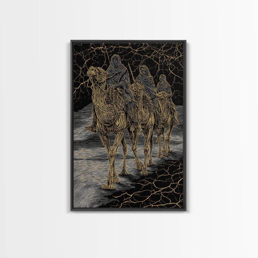 Gold Line Camel Riders On Black Desert Wall Art, African Travel, Tribal Decor, Sahara Poster, Bold Boho Home Decor, Statement Piece