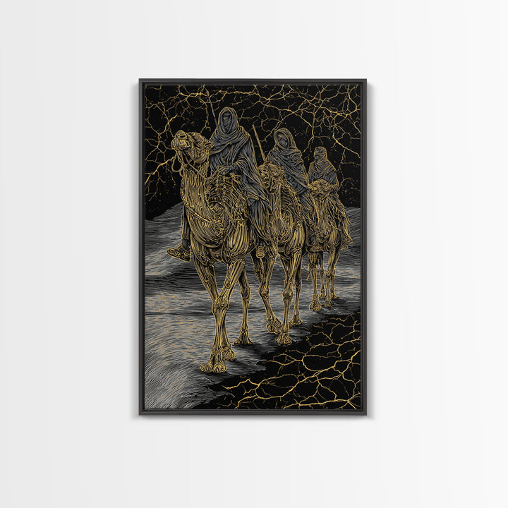 Gold Line Camel Riders On Black Desert Wall Art, African Travel, Tribal Decor, Sahara Poster, Bold Boho Home Decor, Statement Piece