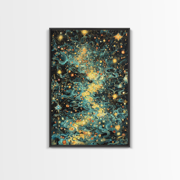 Glowing Celestial Swirls With Stars Canvas Print, Abstract Art, Teal And Gold Wall Decor, Dreamy Modern Home Decor, Gift For Her