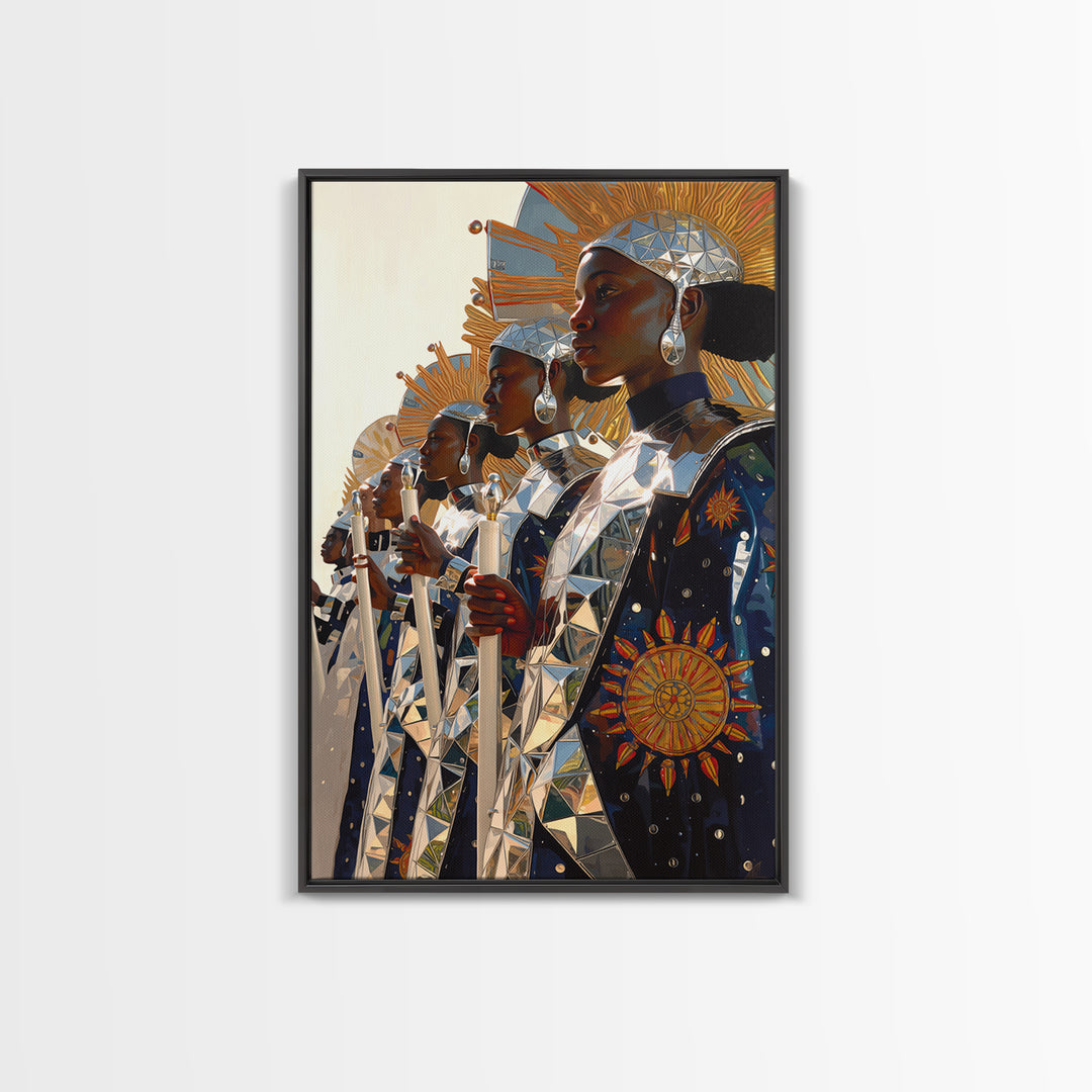 Afrofuturist Women In Silver Sun Armor Canvas Print, Black Women Art, African Queen, Empowered Women, Luxury Wall Decor Gift