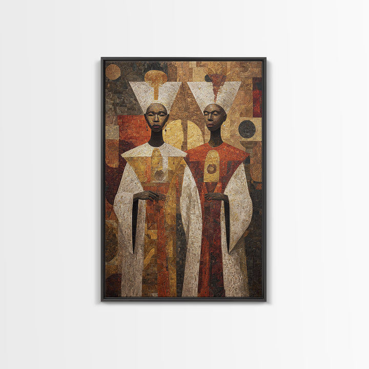 Geometric African Queens In Earth Tones Wall Art, African Abstract, Black Culture Art, Tribal Queen Art, Elegant Home Decor