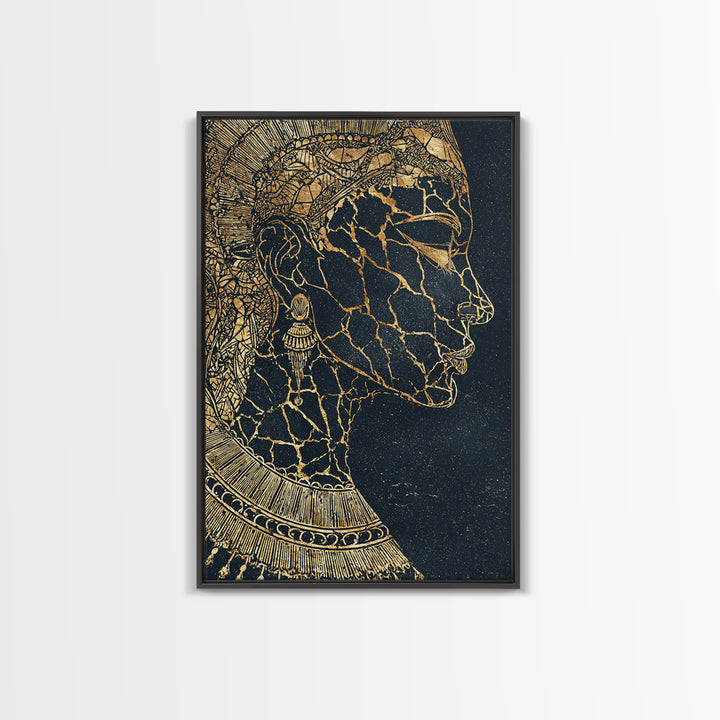 Gold Cracked African Queen Profile Wall Art, Black Woman Portrait, Afrocentric Decor, Luxury Canvas, Black And Gold Design