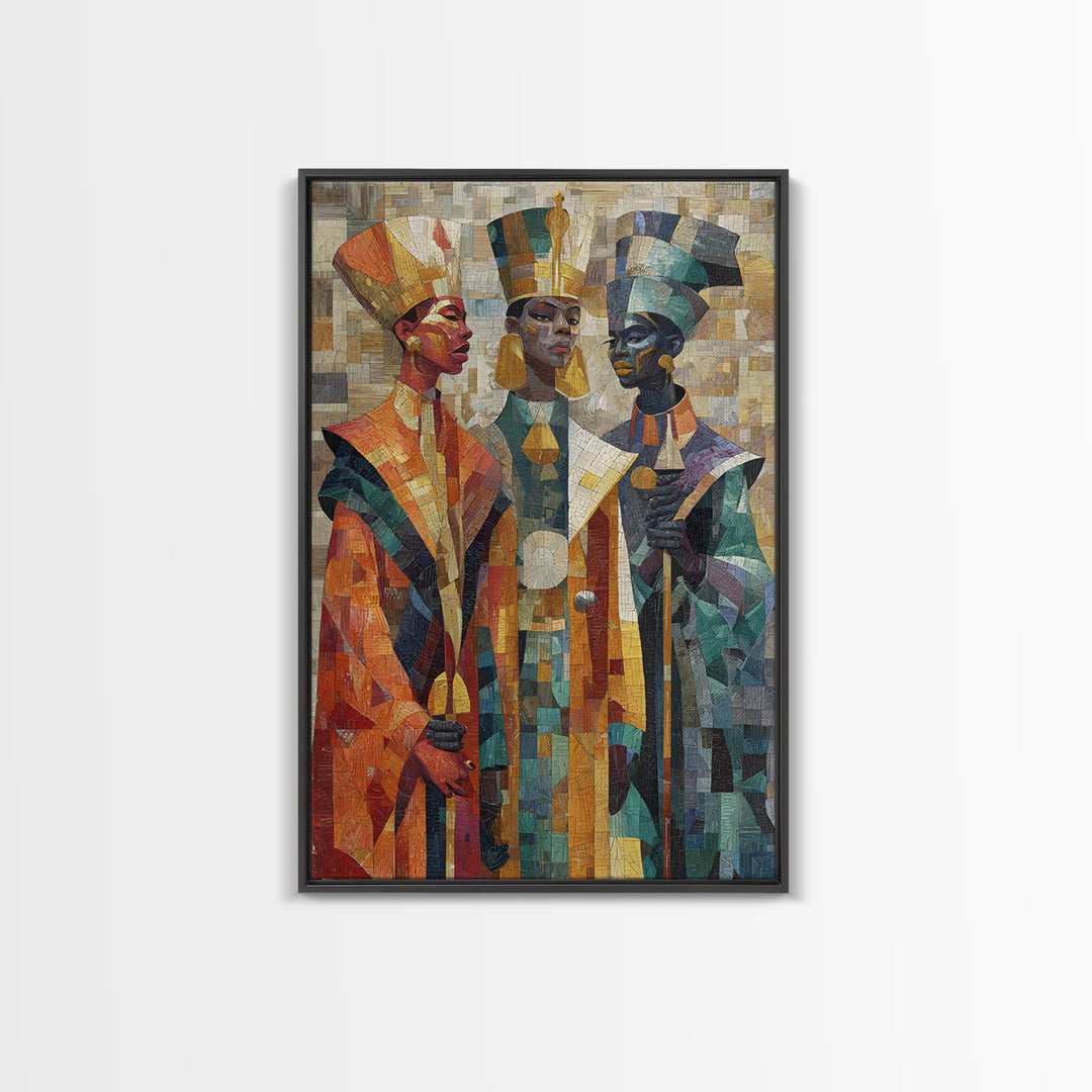 Three Regal African Figures Framed Canvas Print, Cubist Mosaic Portrait, Tribal Queen Art, Cultural Wall Decor, Bold Home Decor