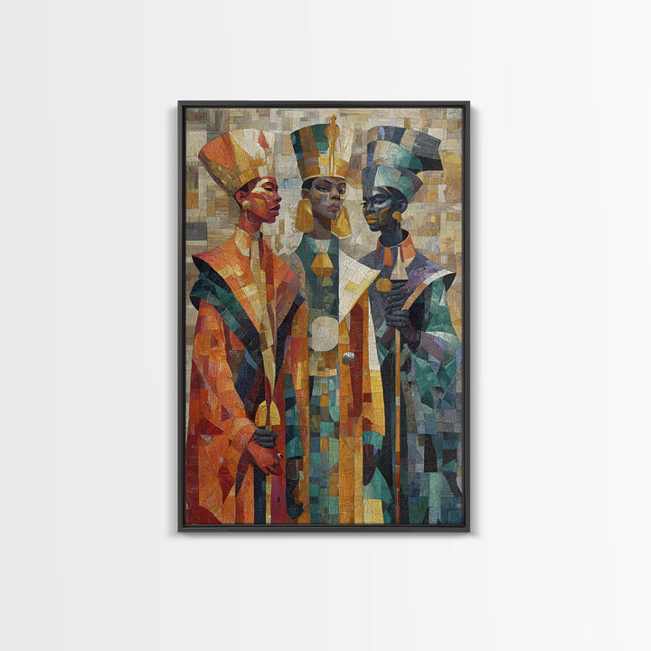 Three Regal African Figures Framed Canvas Print, Cubist Mosaic Portrait, Tribal Queen Art, Cultural Wall Decor, Bold Home Decor
