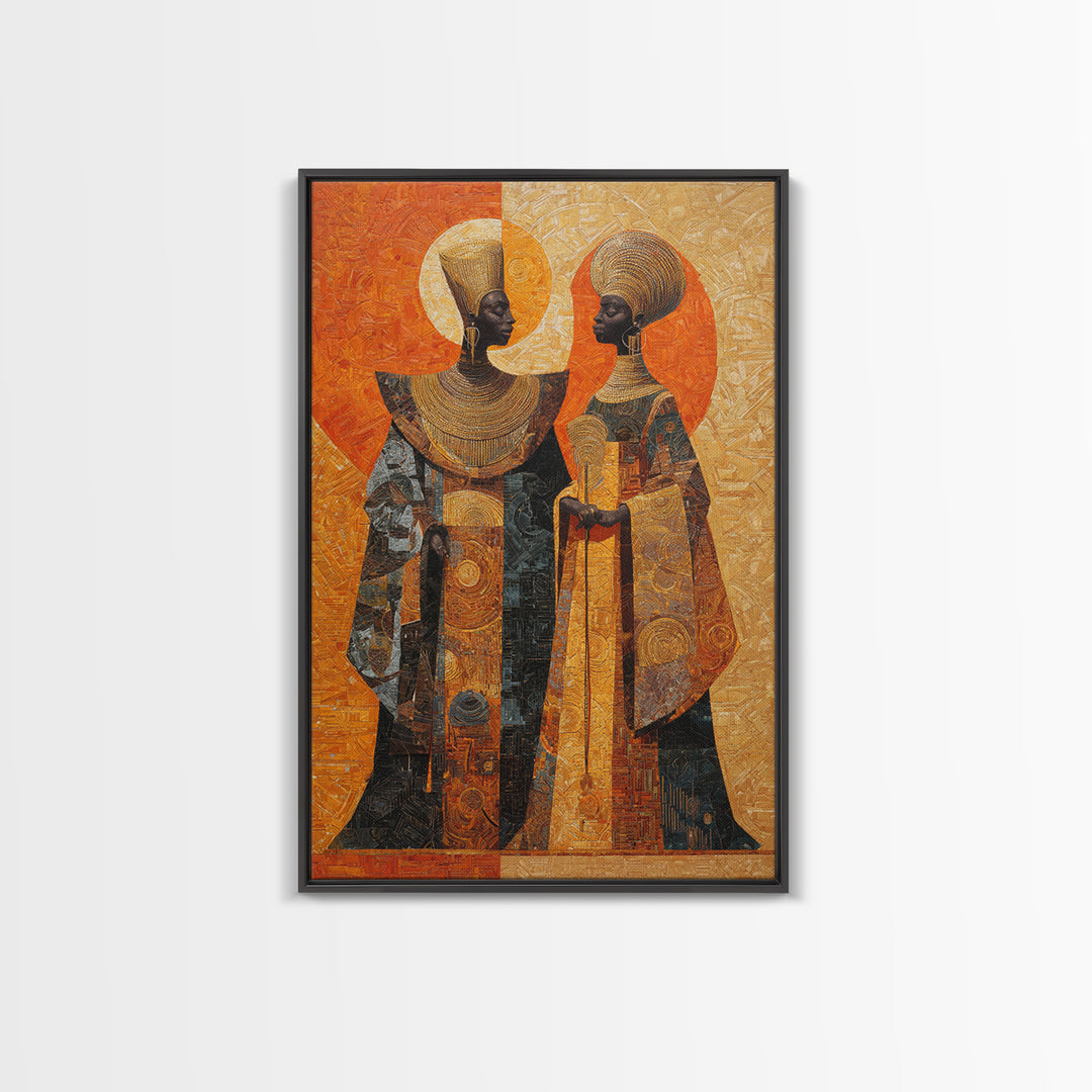 Orange Gold African Queen Pair Wall Art, Elegant Halo Portrait, Modern African Art, Black Woman Canvas, Earth Tone Decor