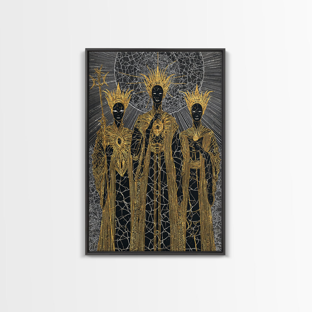 Three Black Gold Priestesses Canvas Print, Mystical African Portrait, Spiritual Wall Art, Goddess Artwork, Afrocentric Decor