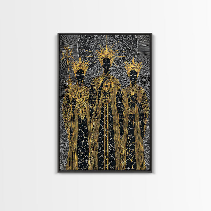 Three Black Gold Priestesses Canvas Print, Mystical African Portrait, Spiritual Wall Art, Goddess Artwork, Afrocentric Decor