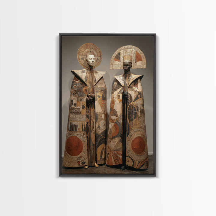 Earth Tone African Royal Figures Framed Canvas Print, Tribal Ceremony Portrait, African Art Decor, Cultural Home Decor Gift
