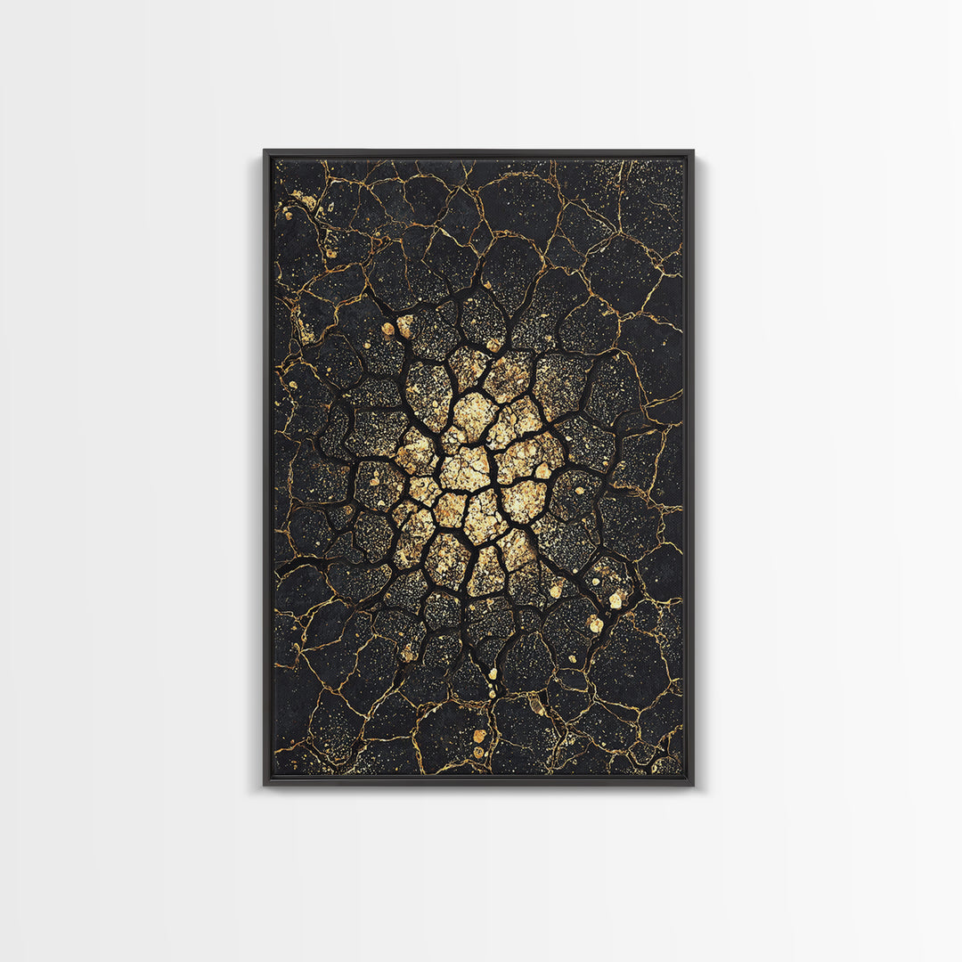 Black Gold Cracked Earth Abstract Wall Art, African Inspired Texture, Modern Canvas Art, Luxury Decor, Statement Wall Piece