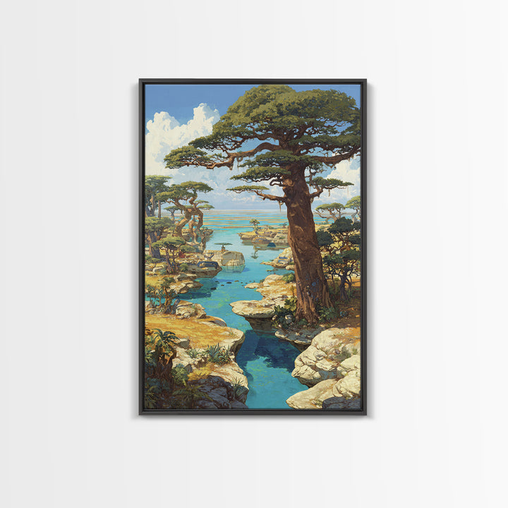 Baobab Trees By Turquoise Water Canvas Print, African Landscape, Serengeti Wall Art, Nature Scene Art, Safari Decor Gift