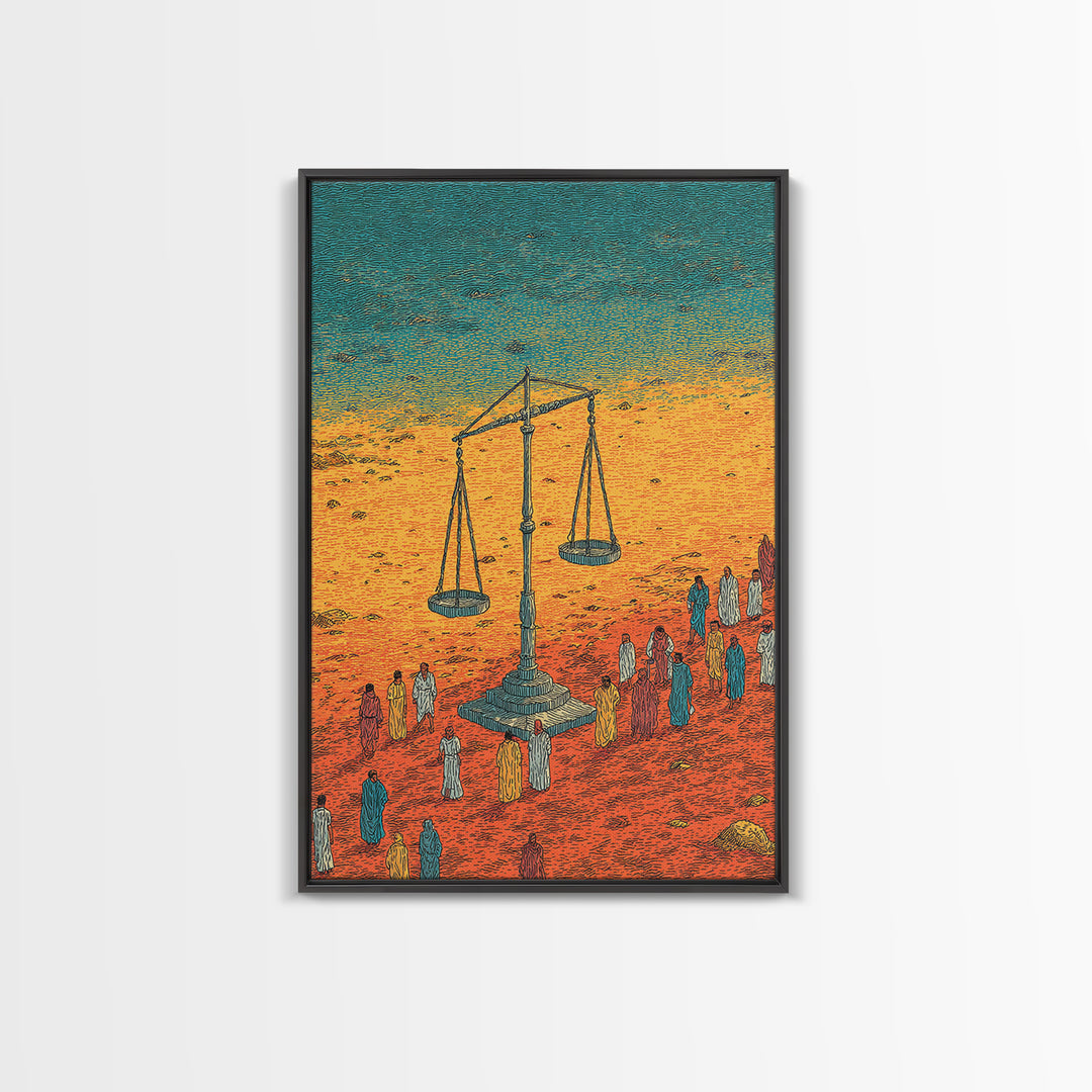 Desert Justice Scales With Robed Figures Wall Art, African Culture Art Print, Afrocentric Decor, Statement Living Room Decor