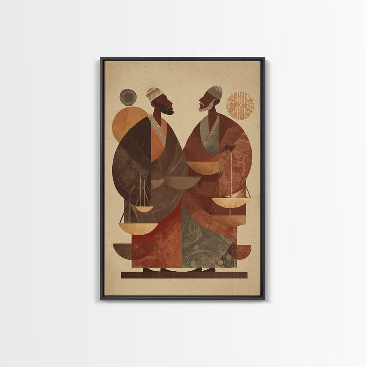 Two African Men With Balance Scales Framed Canvas Print, African Wall Art, Cultural Art Print, Afrocentric Home Decor Gift