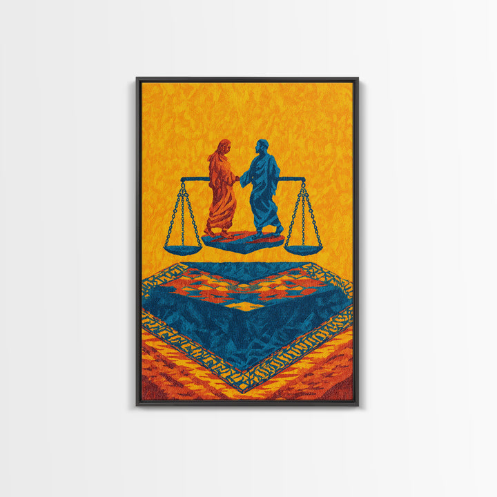 Balanced Figures On Blue Rug Wall Art, African Inspired Justice Painting, Cultural Wall Decor, Bold Afrocentric Canvas Print