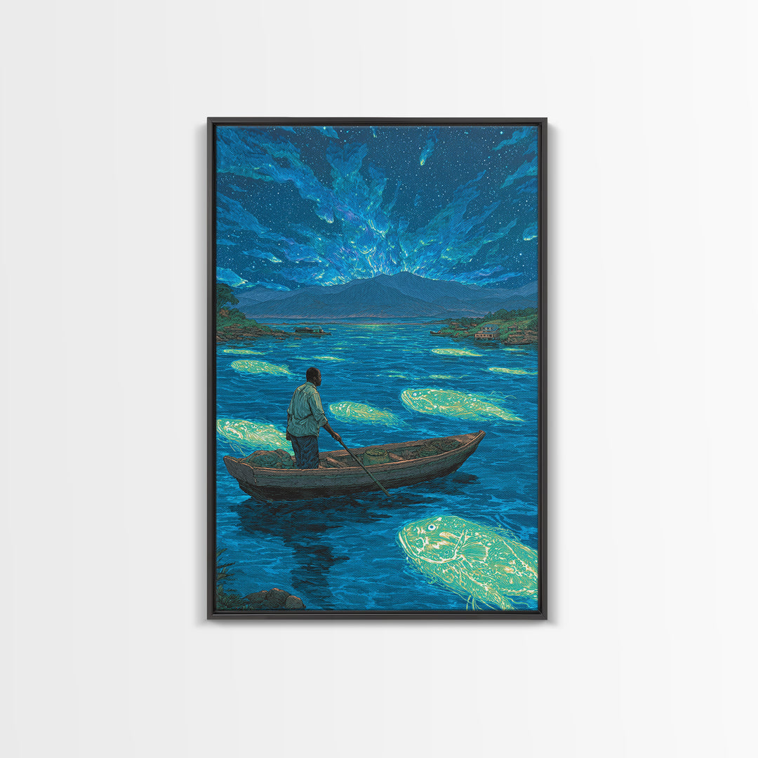 Starlit Fisherman On Glowing Blue Lake Canvas Print, African Landscape Wall Art, Dreamy Nature Scene, Unique Home Decor Gift