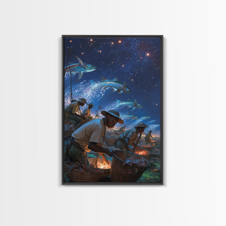 Starry Night Fishermen With Baskets Canvas Print, African Wall Art, Black Men Coastal Scene, Magical Fish Ocean Decor Gift