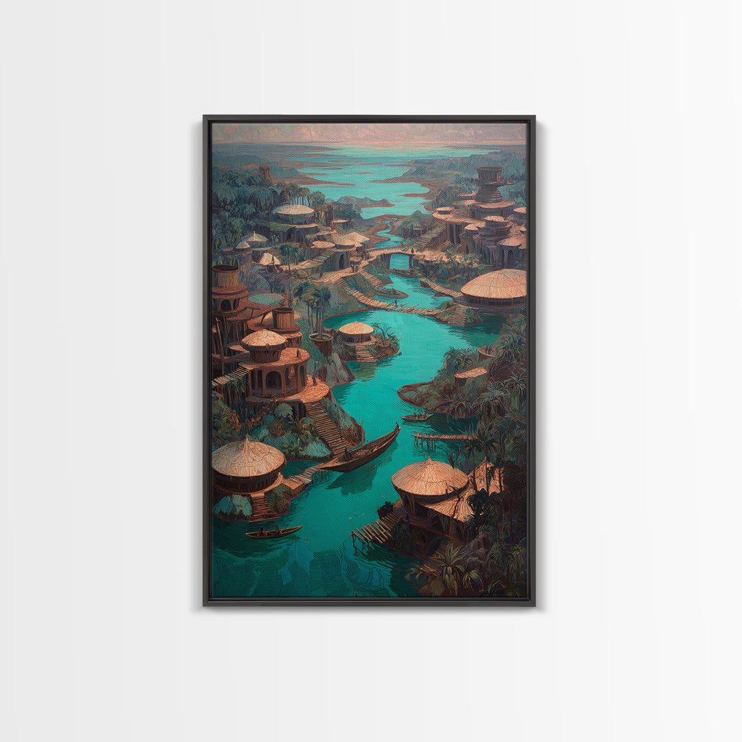 Turquoise River Village With Round Huts Wall Art, African Landscape Canvas Print, Jungle African Decor, Unique Living Room Art
