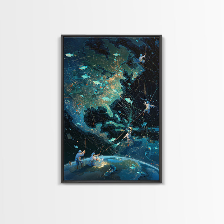 Glowing North America Fishing Map Wall Art, Whimsical Ocean Canvas Print, Teal Adventure Decor For Office And Living Room