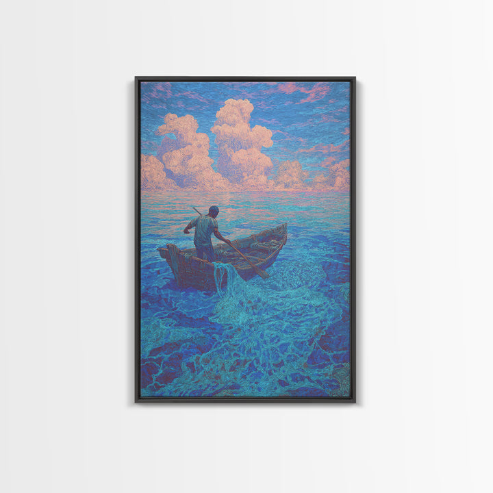 Lone Fisherman On Turquoise Sea Canvas Print, Dreamy Tropical Wall Art, Coastal Nature Decor For Bedroom And Office Gift