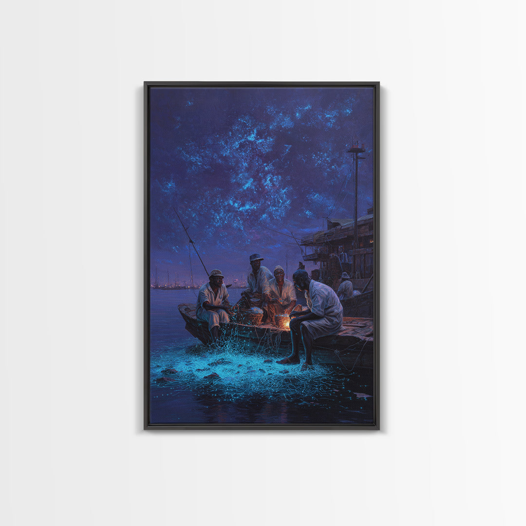 Night Fishermen With Glowing Nets Framed Canvas Print, Blue Coastal Wall Art, Contemporary Harbor Decor For Home Office Gift