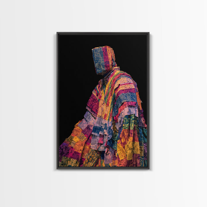 Masked African Textile Seated Figure Framed Canvas Print, Afrocentric Portrait, Vibrant Tribal Art, Cultural Wall Decor Gift