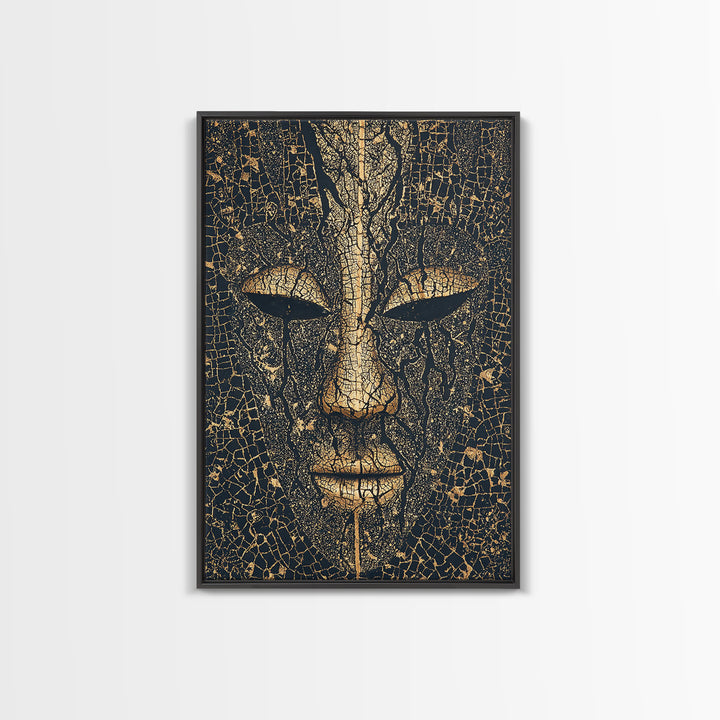Cracked Gold African Mask Face Canvas Print, Abstract Tribal Portrait, Black And Gold Art, Afrocentric Wall Decor For Home