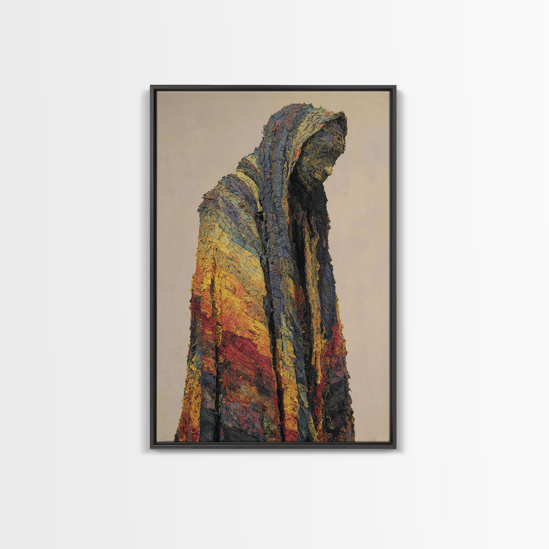 Hooded African Wanderer Wall Art, Textured Robe Portrait, Abstract Afrocentric Figure, Earth Tone Cultural Decor Canvas Print