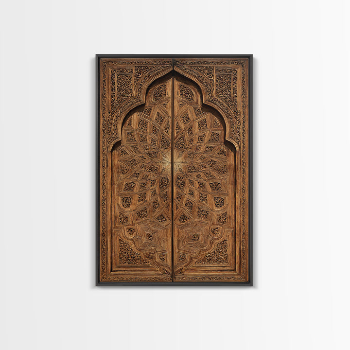 Geometric Moroccan Carved Wood Door Framed Canvas Print, African Wall Decor, Tribal Art Decor, Elegant Home Decor, Statement Piece