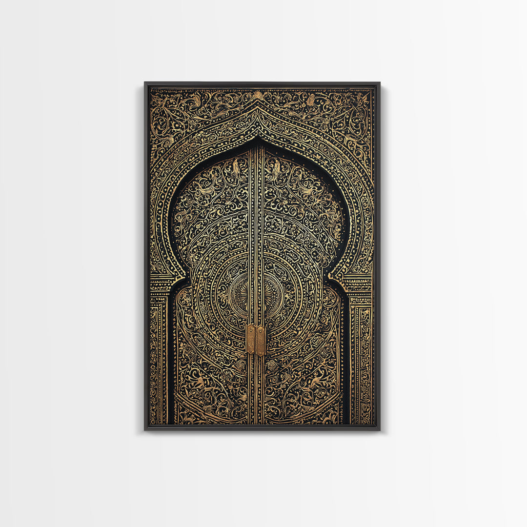 Black Gold Moroccan Mandala Door Framed Canvas Print, African Wall Decor, Luxury Canvas Art, Spiritual Home Decor, Statement Piece