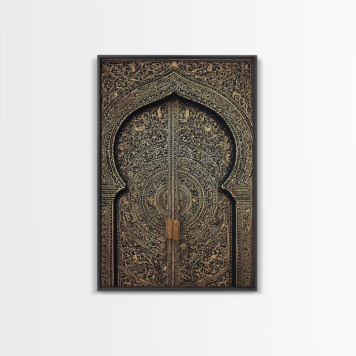 Black Gold Moroccan Mandala Door Framed Canvas Print, African Wall Decor, Luxury Canvas Art, Spiritual Home Decor, Statement Piece