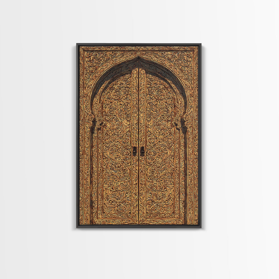 Golden Floral African Carved Door Canvas Print, African Art Decor, Elegant Home Decor, Bohemian Wall Decor, Wood Patterns