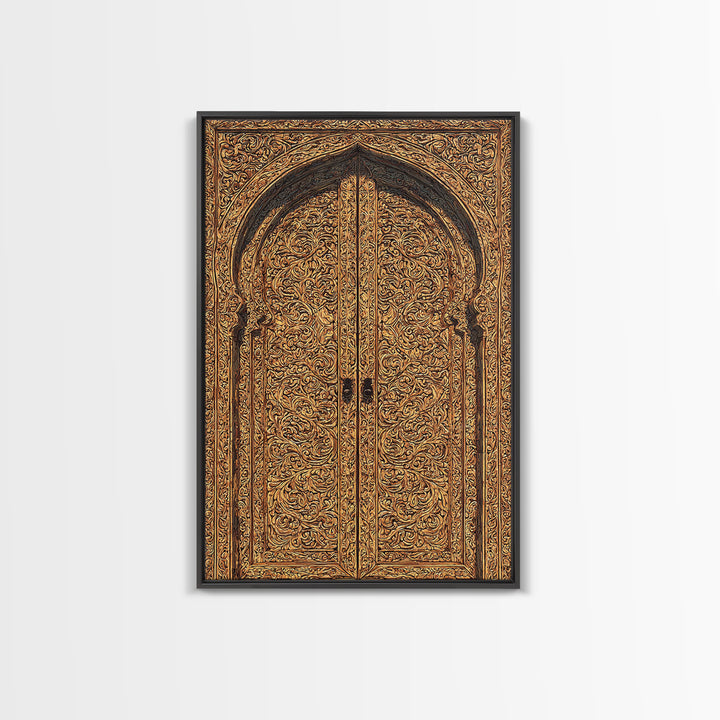 Golden Floral African Carved Door Canvas Print, African Art Decor, Elegant Home Decor, Bohemian Wall Decor, Wood Patterns