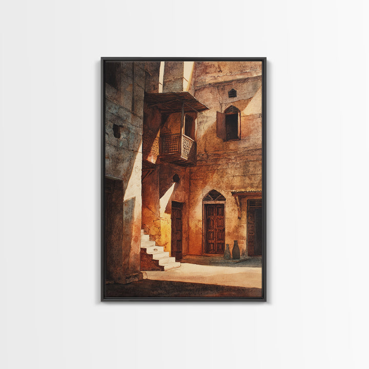 Sunlit African Stone Alley Framed Canvas Print, Moroccan Travel, African Architecture, Cultural Wall Decor, Rustic Home Decor
