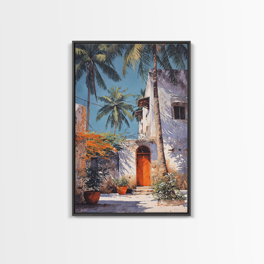 White Coastal African Courtyard Wall Art, Palm Tree Accent, Morocco Africa, Travel Poster, Bohemian Decor Art, Unique Wall Decor